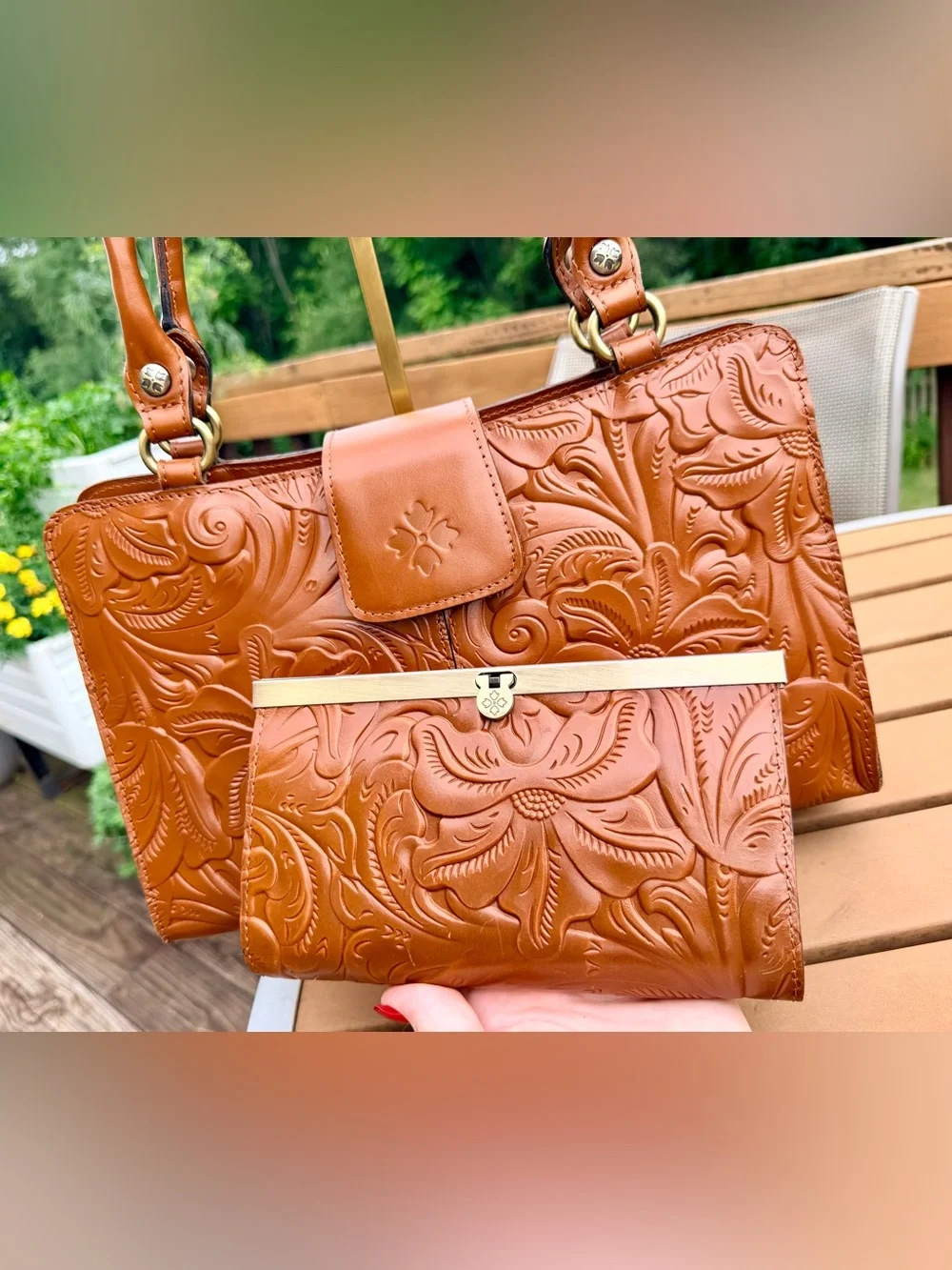 Patricia Nash Tooled Embossed Leather Satchel + Matching Wallet in Floral Cognac